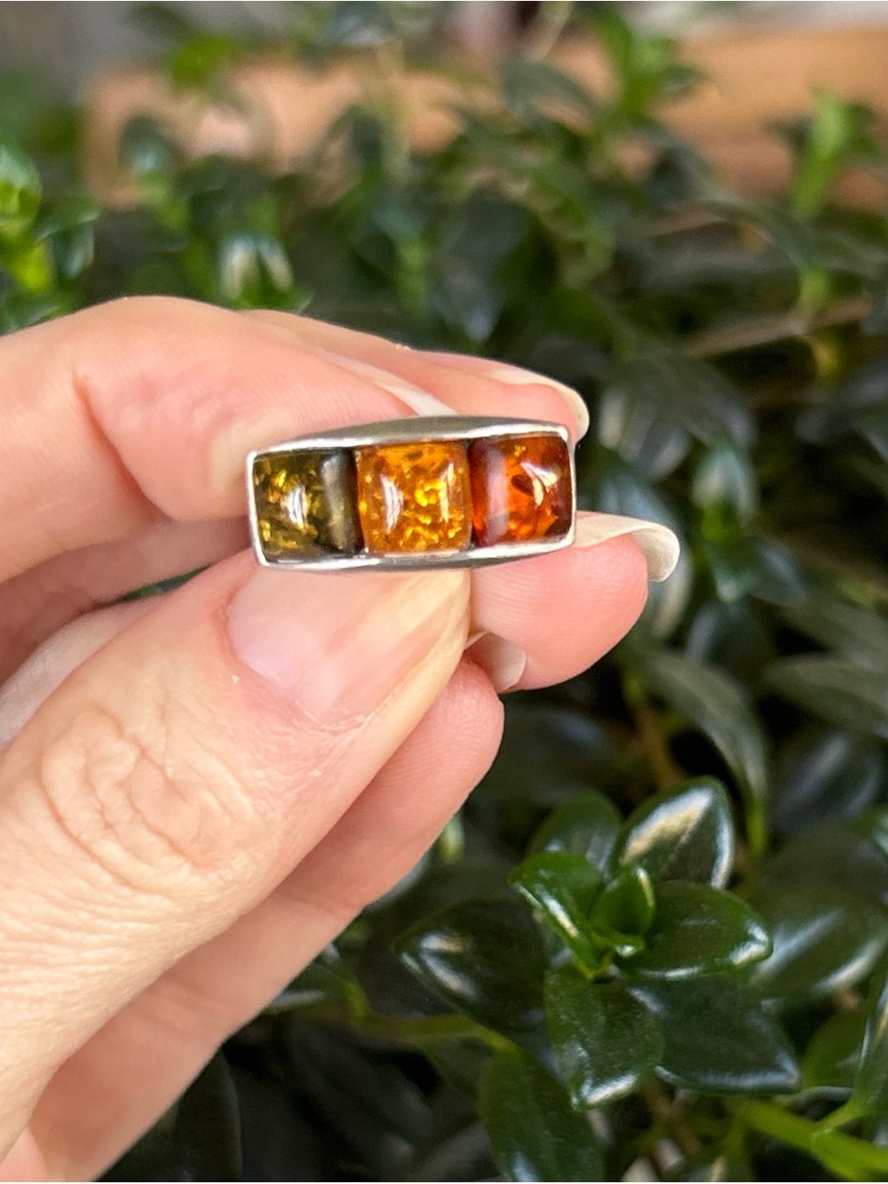Vintage Amber Trio Rectangular Sterling Silver Ring